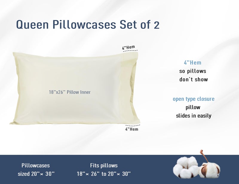 HOMTEC Cotton Pillow Cases Standard Size  20 by 30 inches Queen Pillowcases  Cream Pillow Cases Set of 2  Pillow Cases Queen Cotton Percale Weave Pre-Shrunk Breathable and Hypoallergenic - Image 3