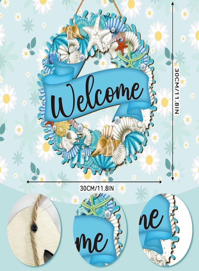 YLOLUL Hello Summer Wreath Sign - Ocean Wooden Hanging Wreath - Farmhouse Beach Starfish Door Hanger for Front Door, Porch, Home Wall, Window, Indoor Outdoor Decor - Image 2