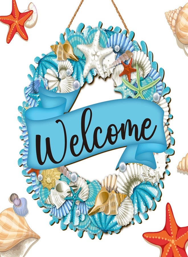 YLOLUL Hello Summer Wreath Sign - Ocean Wooden Hanging Wreath - Farmhouse Beach Starfish Door Hanger for Front Door, Porch, Home Wall, Window, Indoor Outdoor Decor - Image 1