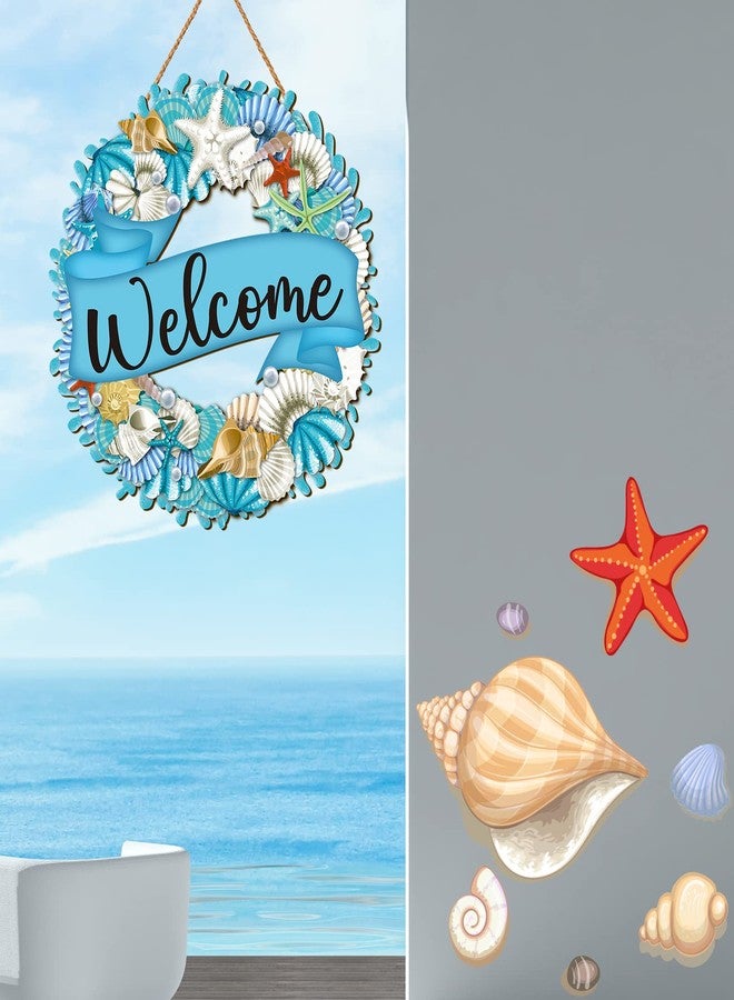 YLOLUL Hello Summer Wreath Sign - Ocean Wooden Hanging Wreath - Farmhouse Beach Starfish Door Hanger for Front Door, Porch, Home Wall, Window, Indoor Outdoor Decor - Image 3