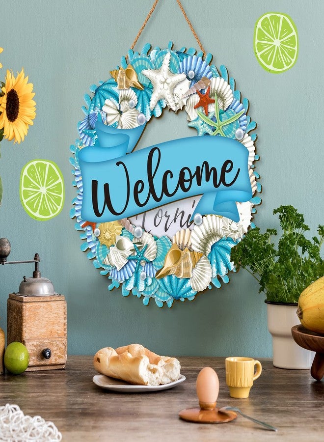 YLOLUL Hello Summer Wreath Sign - Ocean Wooden Hanging Wreath - Farmhouse Beach Starfish Door Hanger for Front Door, Porch, Home Wall, Window, Indoor Outdoor Decor - Image 5