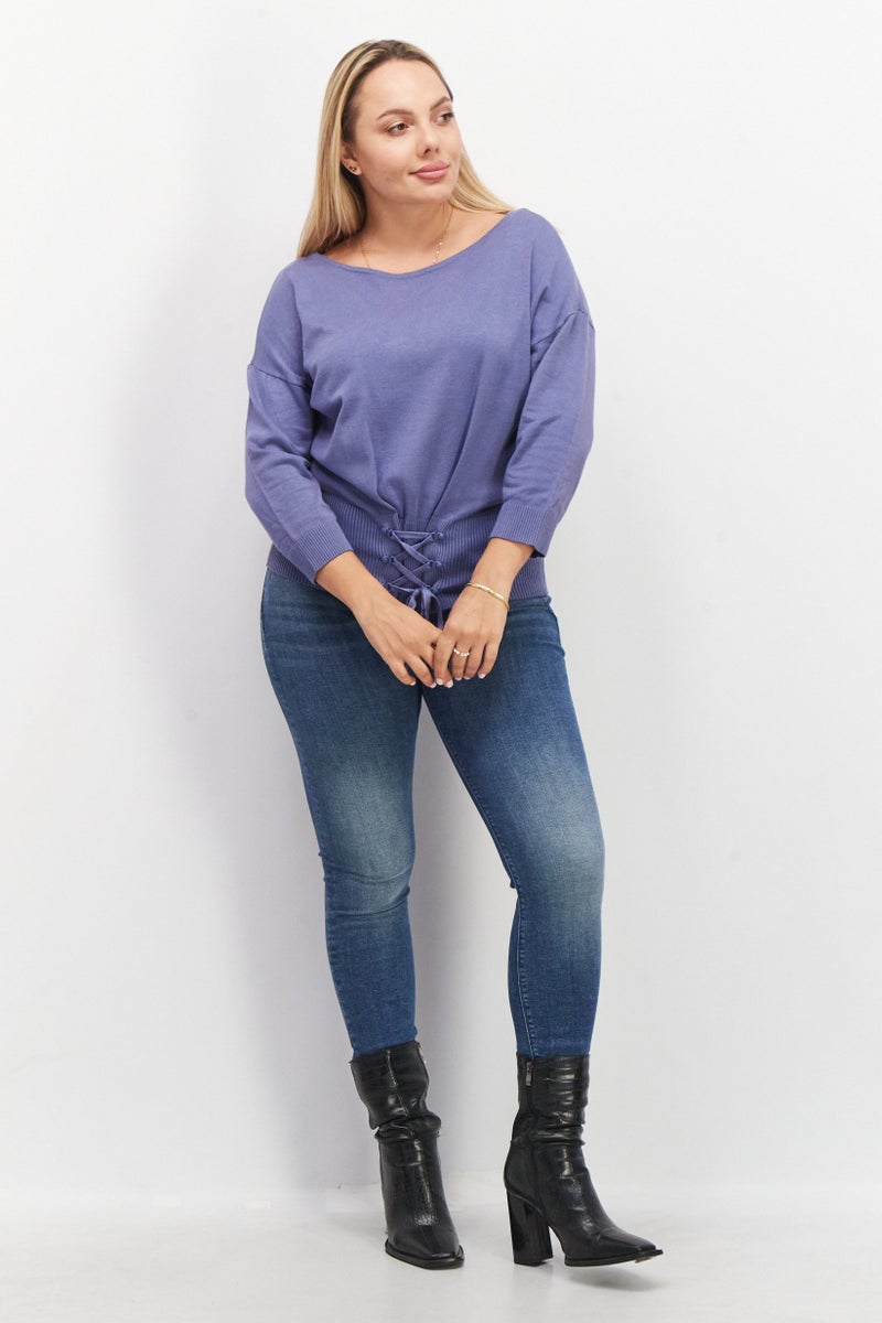 VERO MODA كنزة نسائية بياقة قارب وأكمام 3/4 بسيطة، زرقاء - Image 2