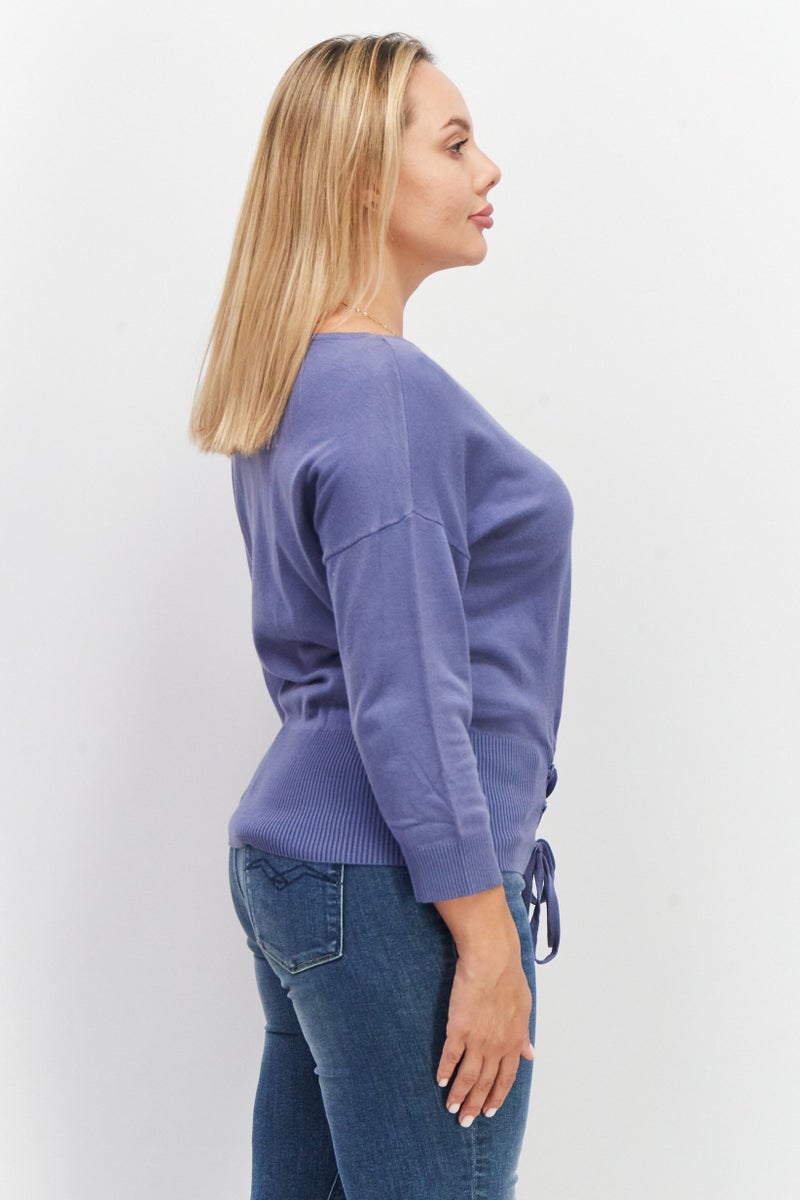 VERO MODA كنزة نسائية بياقة قارب وأكمام 3/4 بسيطة، زرقاء - Image 4