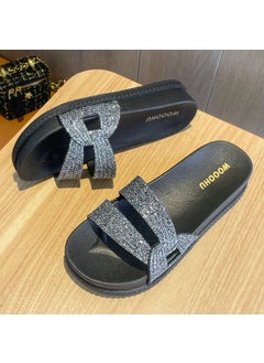 Fashionable Womens Summer Thick Bottom Sandals Diamond Embellished Beach Outerwear PVC Material One-Row Slippers For Outdoors Black