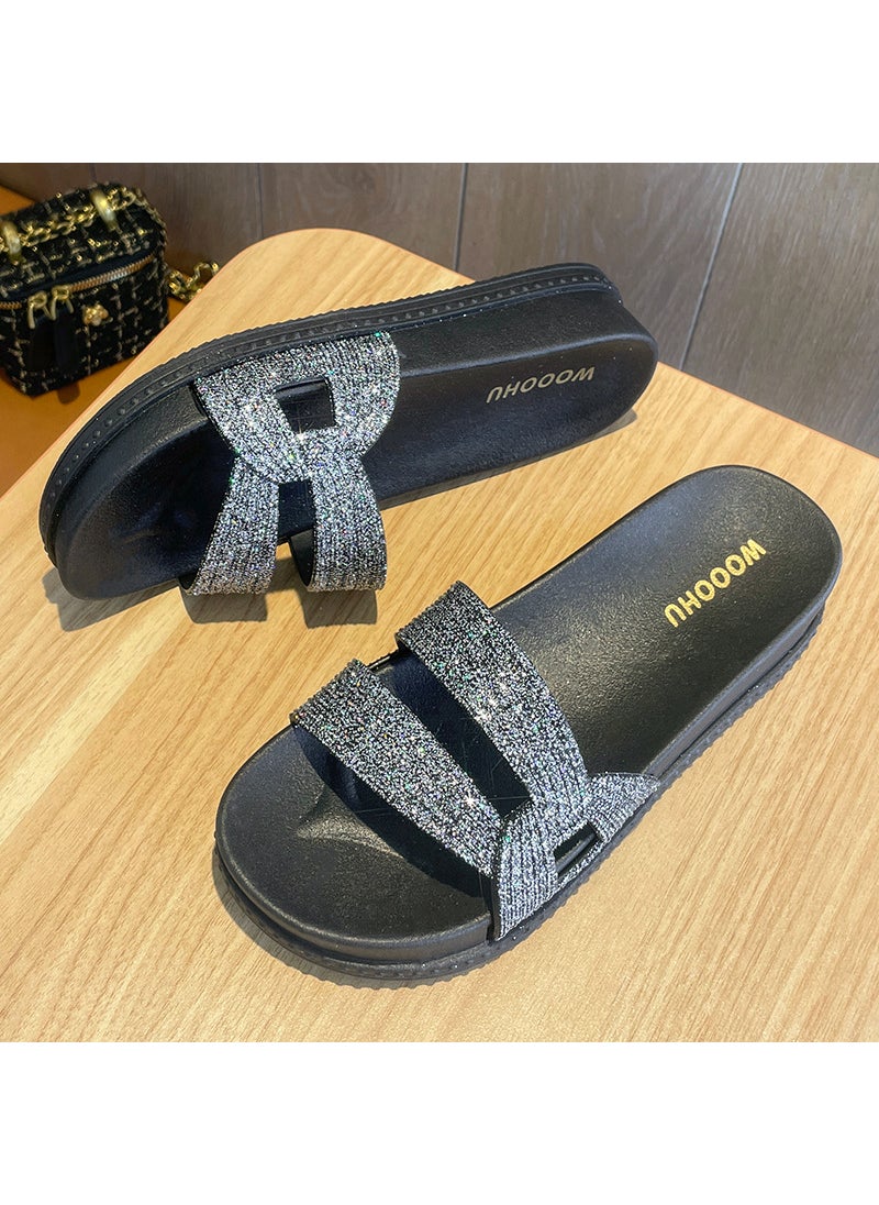 Generic - Fashionable Womens Summer Thick Bottom Sandals Diamond Embellished Beach Outerwear PVC Material One-Row Slippers For Outdoors Black - Image 1