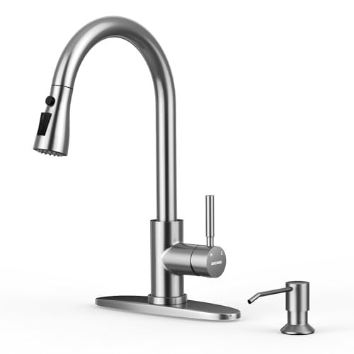 WEWE Kitchen Faucet with Soap Dispenser and Pull Down Sprayer, RV Single Handle Classic 3 Modes Stainless Steel Faucet for Kitchen Sink, RV, Stainless Steel - Image 1