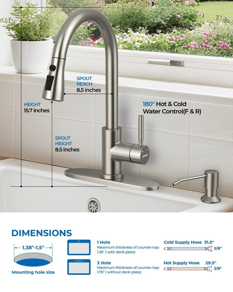 WEWE Kitchen Faucet with Soap Dispenser and Pull Down Sprayer, RV Single Handle Classic 3 Modes Stainless Steel Faucet for Kitchen Sink, RV, Stainless Steel - Image 2