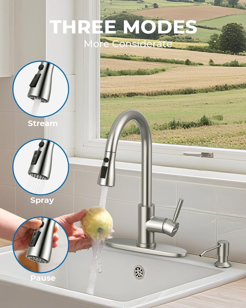WEWE Kitchen Faucet with Soap Dispenser and Pull Down Sprayer, RV Single Handle Classic 3 Modes Stainless Steel Faucet for Kitchen Sink, RV, Stainless Steel - Image 4