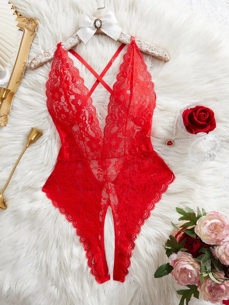 Vintage Lace Sexy Deep V Backless Lingerie Bodysuit, Feminine Style Womenswear, Heart Rhinestone Button Decor, Fitted Sleepwear for All Seasons, Romantic Gift Idea, Underwear, Sheer Lace  Bodysuit - Image 4