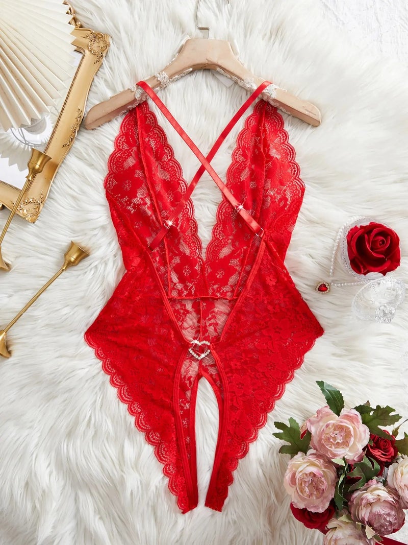 Vintage Lace Sexy Deep V Backless Lingerie Bodysuit, Feminine Style Womenswear, Heart Rhinestone Button Decor, Fitted Sleepwear for All Seasons, Romantic Gift Idea, Underwear, Sheer Lace  Bodysuit - Image 5