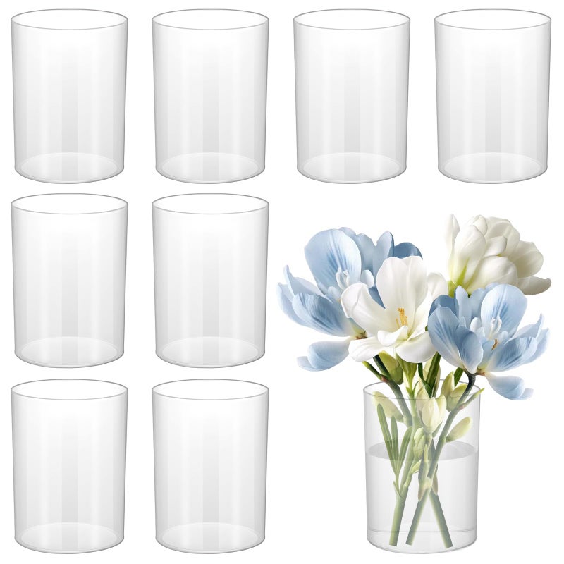 Pafeooui 9 Pack Clear Plastic Cylinder Vase â€“ 4.1 Inch Acrylic Flower Vase Bulk, Small Round Wide Mouth Containers for Centerpieces, Home, Office, Wedding Decor (3â€ Diameter) - Image 1