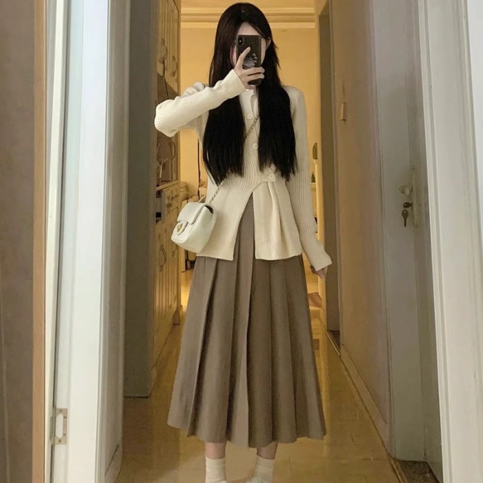 Chanel style milk series wear suit skirt womens autumn wear gentle set of dignified temperament skirt Korean drama two-piece suit Skirt #8022 one-piece Brown