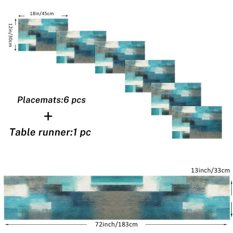Emvency Farmhouse Table Runner and Placemats Set of 6, Cotton-Linen Abstract Teal and Grey Painting Art Dining Table Decor for Daily Use(1 Table Runner 72 inches Long and 6 Placemats) - Image 2