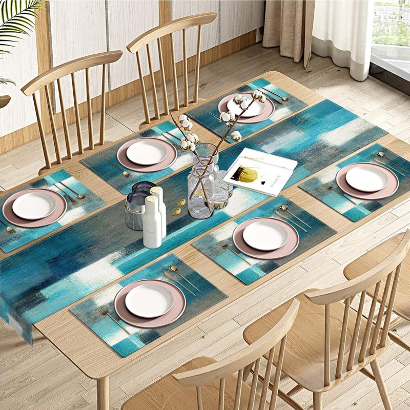 Emvency Farmhouse Table Runner and Placemats Set of 6, Cotton-Linen Abstract Teal and Grey Painting Art Dining Table Decor for Daily Use(1 Table Runner 72 inches Long and 6 Placemats) - Image 1