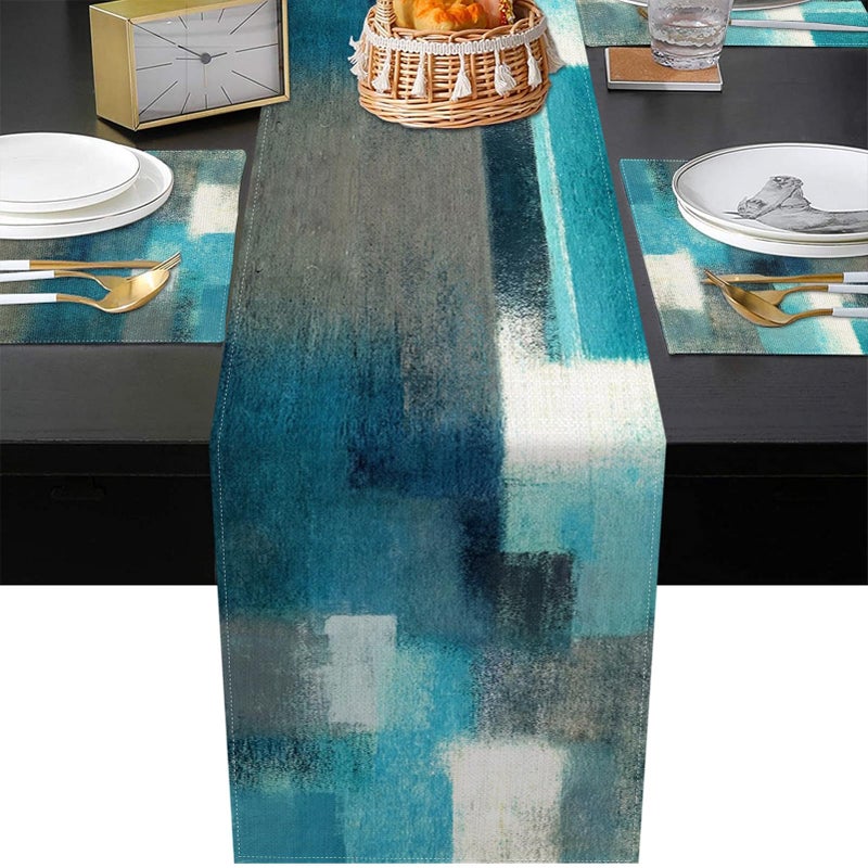 Emvency Farmhouse Table Runner and Placemats Set of 6, Cotton-Linen Abstract Teal and Grey Painting Art Dining Table Decor for Daily Use(1 Table Runner 72 inches Long and 6 Placemats) - Image 3