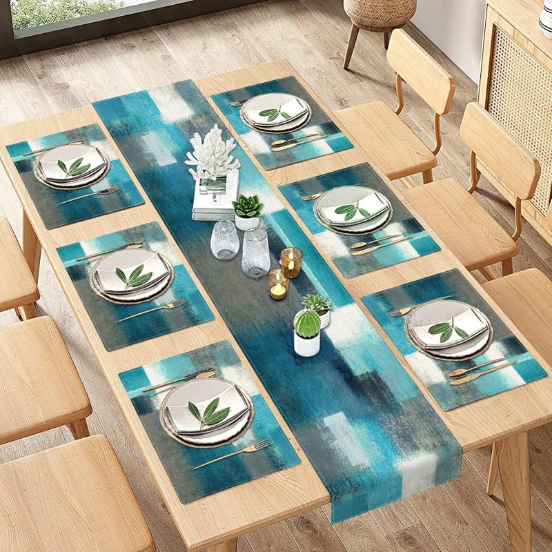 Emvency Farmhouse Table Runner and Placemats Set of 6, Cotton-Linen Abstract Teal and Grey Painting Art Dining Table Decor for Daily Use(1 Table Runner 72 inches Long and 6 Placemats) - Image 5