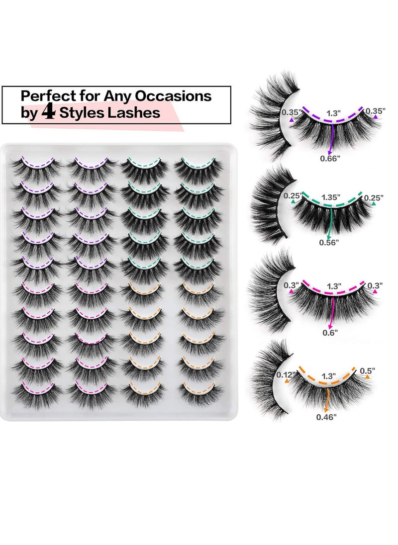 JIMIRE 20 Pairs False Eyelashes 4 Styles Mink Eyelashes Fluffy Pack 3D Volume Faux Mink Cat Eye Lashes Pack