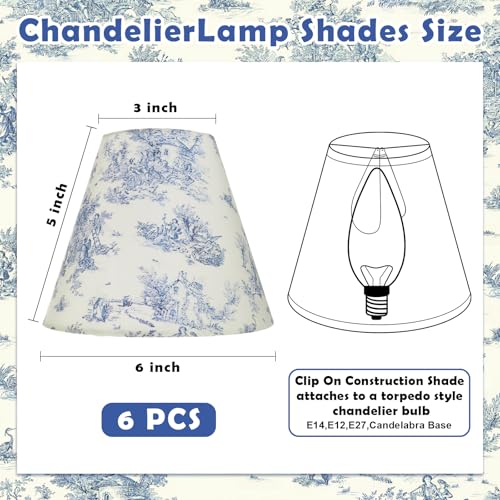 VIHOSE 6 Pcs Chandelier Lamp Shades Small Lamp Shade 3 Top x 6 Bottom x 5 Slant French Countryside Toile Clip on Lampshade for Wall Sconces Pendant LightingCrane and HumanBlue and White - Image 3