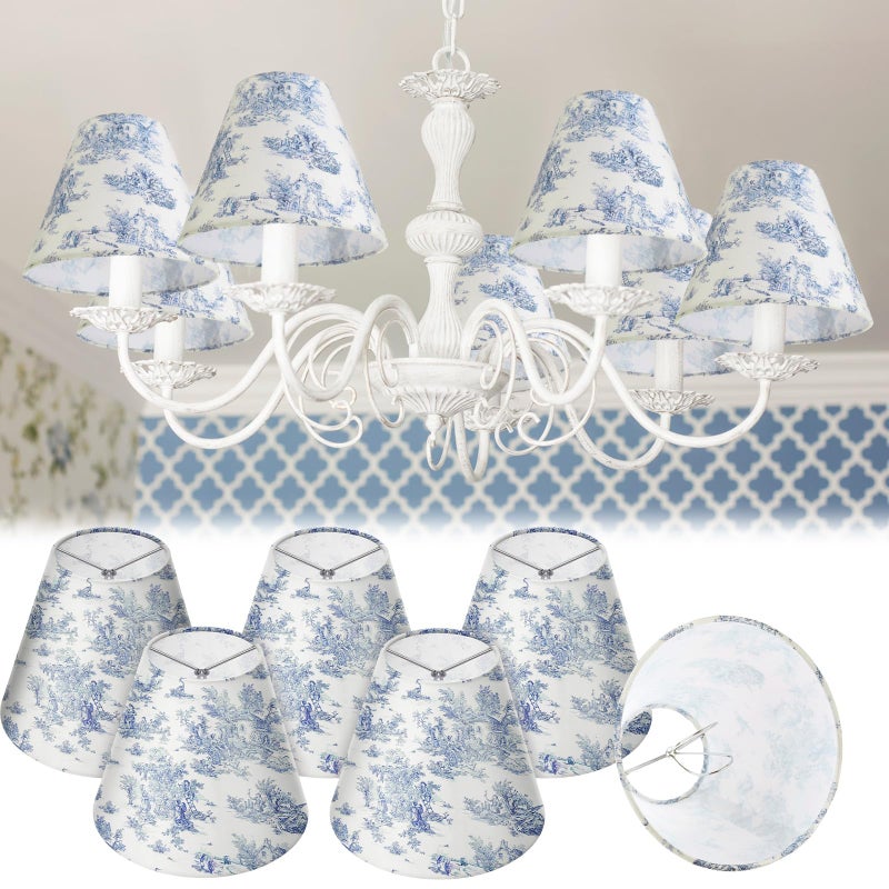 VIHOSE 6 Pcs Chandelier Lamp Shades Small Lamp Shade 3 Top x 6 Bottom x 5 Slant French Countryside Toile Clip on Lampshade for Wall Sconces Pendant LightingCrane and HumanBlue and White - Image 2