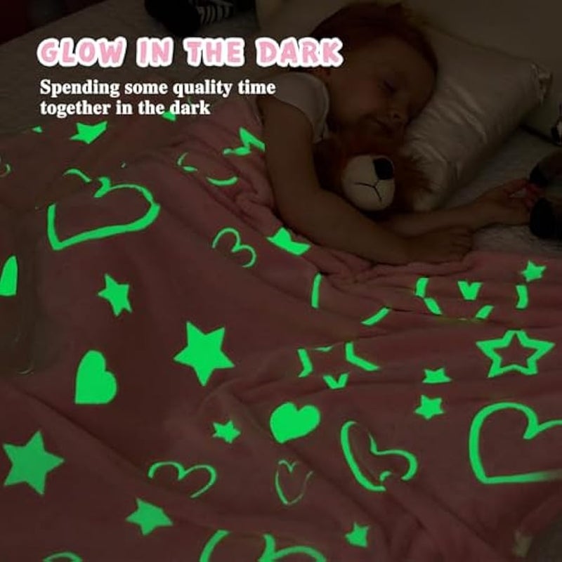 Loquat Glow in The Dark Blanket, 50 x 60 Throw Blankets Super Cozy Plush Soft Fleece Blanket for Girls Boys Birthday Gifts, Plush Star Pattern Bedroom, for Kids (Pink, Heart) - Image 2