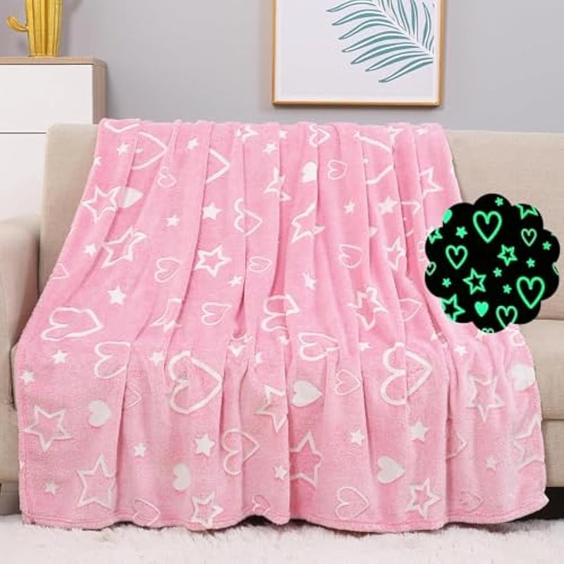 Loquat Glow in The Dark Blanket, 50 x 60 Throw Blankets Super Cozy Plush Soft Fleece Blanket for Girls Boys Birthday Gifts, Plush Star Pattern Bedroom, for Kids (Pink, Heart) - Image 1