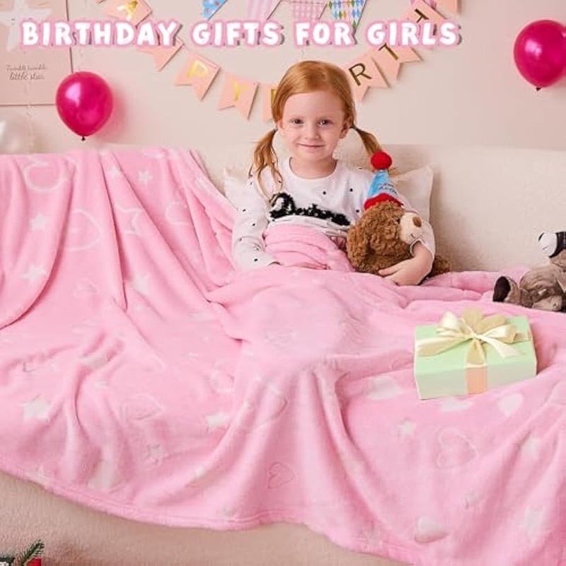 Loquat Glow in The Dark Blanket, 50 x 60 Throw Blankets Super Cozy Plush Soft Fleece Blanket for Girls Boys Birthday Gifts, Plush Star Pattern Bedroom, for Kids (Pink, Heart) - Image 4