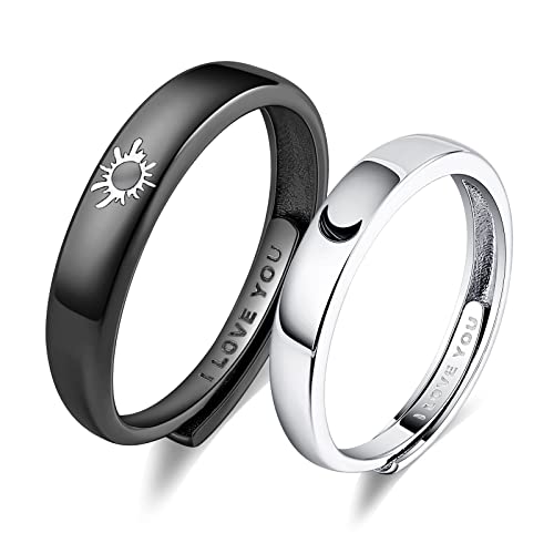 Beydodo خواتم بيودودو المتطابقة للأزواج، خواتم زفاف سوداء فضية أحبك مع نمط الشمس والقمر - Image 1