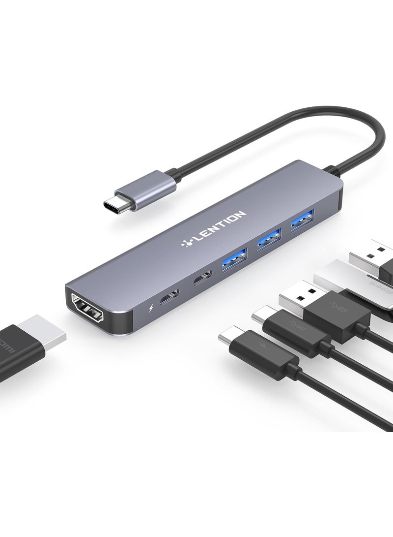 LENTION USB C Hub, 6 in 1 USB C to USB Adapter, USB C Multiport Dongle with 4K HDMI, USB C Data Port, 3 USB 3.0, 100W PD Compatible New MacBook Pro/Mac Air, iPad, More Type C Devices (Space Grey) - Image 1