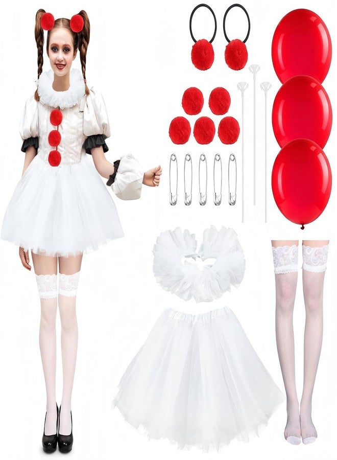 Croloose 21 Pcs Halloween Clown Costume Accessories Set for Women Creepy Costume Include White Tutu Skirt Ruffled Fake Collar Red Color Balloon Clown Collar Movie Outfit for Halloween Cosplay Supplies - Image 1