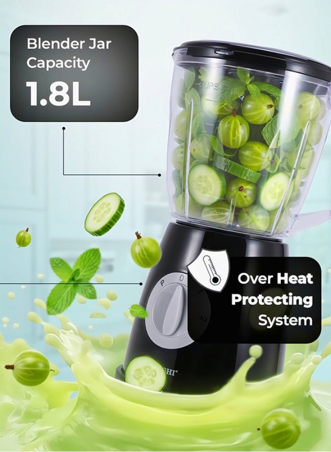 SONASHI Single Blender 1.8L 600W, 2 Speed Control with Pulse Function, 4 Stainless Steel Blades, Powerful Motor, Overheat Protection System, Kitchen Smoothie Grinder Blender SB-211 Black 600 W SB-211 Black - Image 3