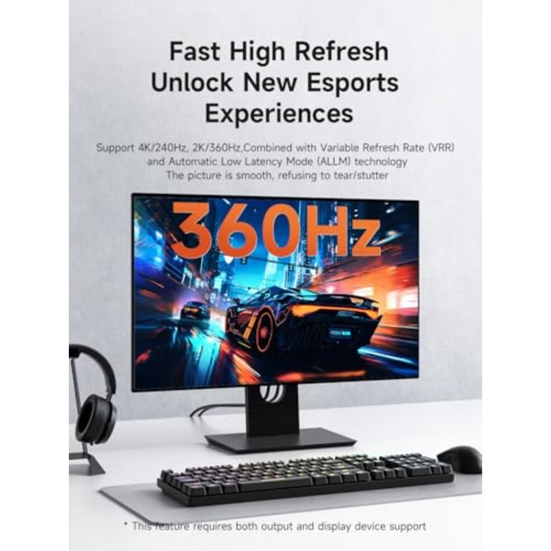 كابل USB C إلى DisplayPort 1.4 لجهاز MacBook Pro Air iMac TV: 8K@60 هرتز/4K@240 هرتز/2K@360 هرتز، Super Soft Thunderbolt 5/4 USB4 HBR3 Alt Mode، 32.4 جيجابت في الثانية، أسود، مجدول من النايلون عالي الأداء - Image 4