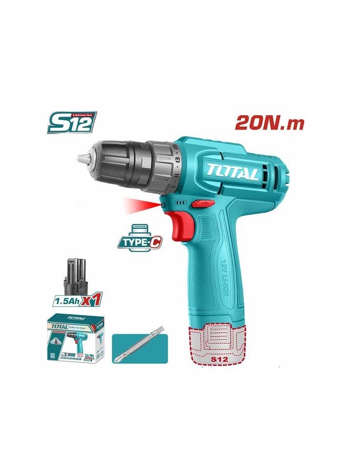 TOTAL Drill driver, charging 12 volts, 1 battery, disassembling, connecting and drilling, works by a Type-C mobile charger - Image 1
