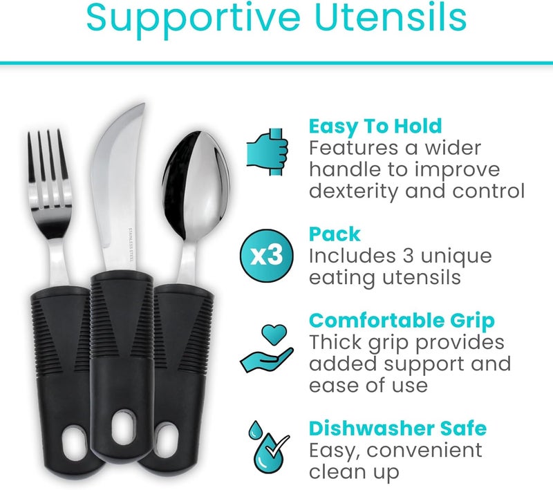 VIVE Adaptive Utensil Set - Arthritis Aid Silverware for Parkinsons, Hand Tremors - Easy Grip for Shaking and Trembling Hands - Heavy Stainless Steel Spoon (Regular) - Image 2