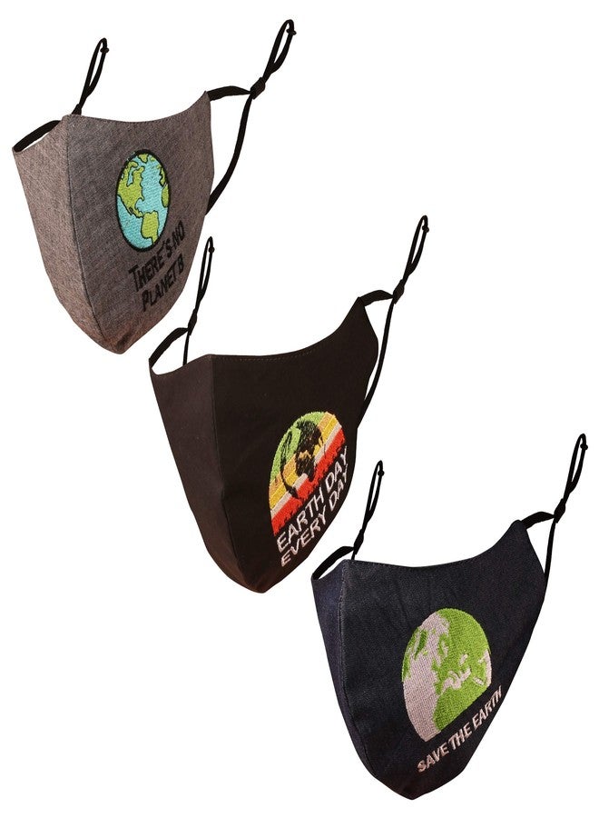 Touchstone Kids Save the Earth environmental embroidered 3 layer anti-pollution smog cold cough protective cotton face masks reusable washable adjustable for children. (Pack of 3). Grey Black Blue - Image 1