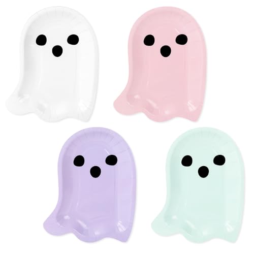 Whaline 40Pcs Halloween Paper Plates Boo Ghost Disposable Dinner Plates 4 Pastel Colors Tableware for Party Supplies Table Decor 76 x 96 in