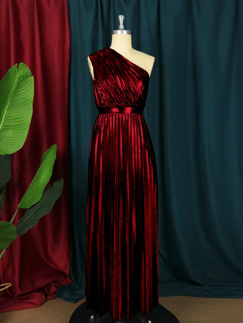 AOMEI Women's Wine Luxury Metallic One Shoulder Sleeveless Elegant Pleated Long Dress (XXXL,3X-Large) - Image 3