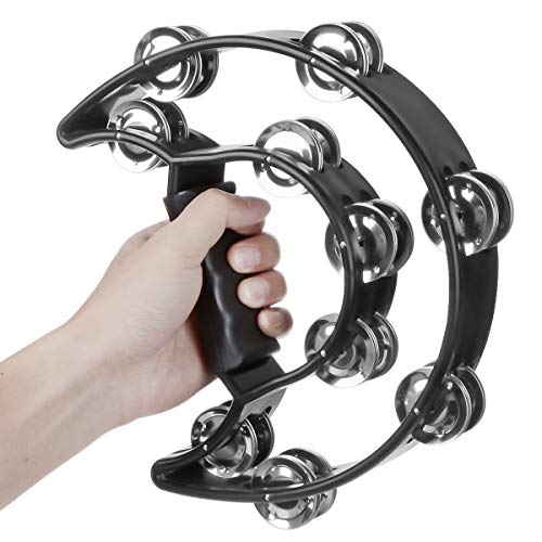 TENINYU Half Moon Musical Tambourine Double Row Metal Jingles Hand Held Percussion Drum Multicolor for KTV Party with Ergonomic Handle Grip (Black) - Image 4