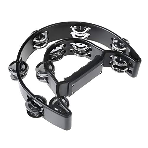 TENINYU Half Moon Musical Tambourine Double Row Metal Jingles Hand Held Percussion Drum Multicolor for KTV Party with Ergonomic Handle Grip (Black) - Image 2