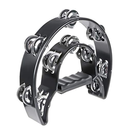TENINYU Half Moon Musical Tambourine Double Row Metal Jingles Hand Held Percussion Drum Multicolor for KTV Party with Ergonomic Handle Grip (Black) - Image 1