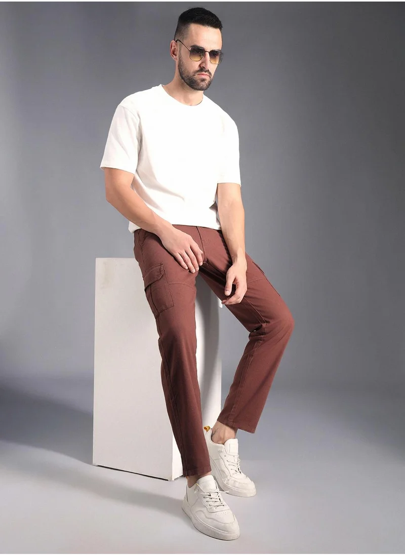 هاي ستار Men's Brown Mid-Rise Cotton Cargo Trousers