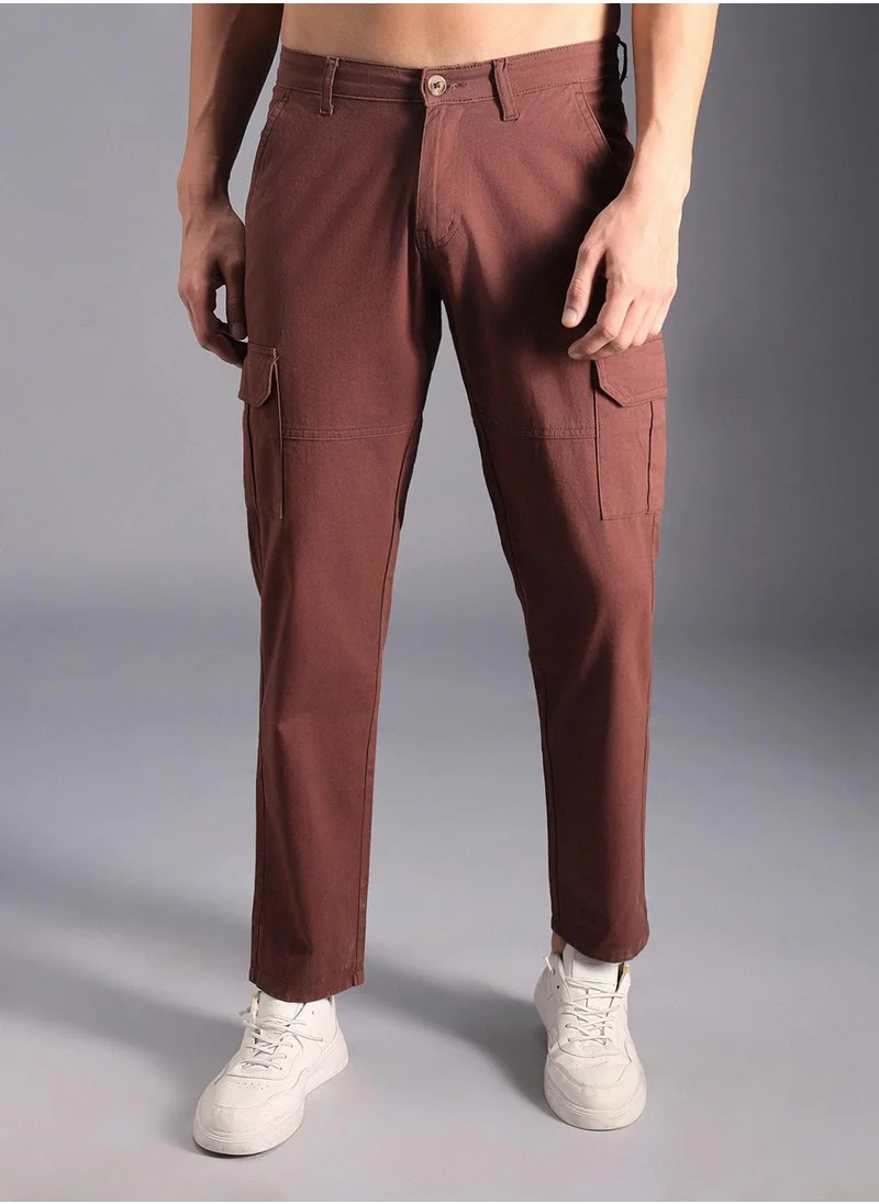 HIGH STAR Men's Brown Mid-Rise Cotton Cargo Trousers