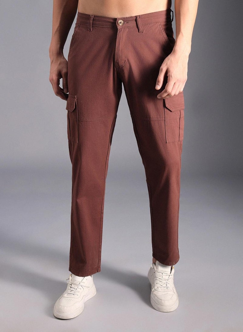 HIGH STAR Men's Brown Mid-Rise Cotton Cargo Trousers  - Image 2
