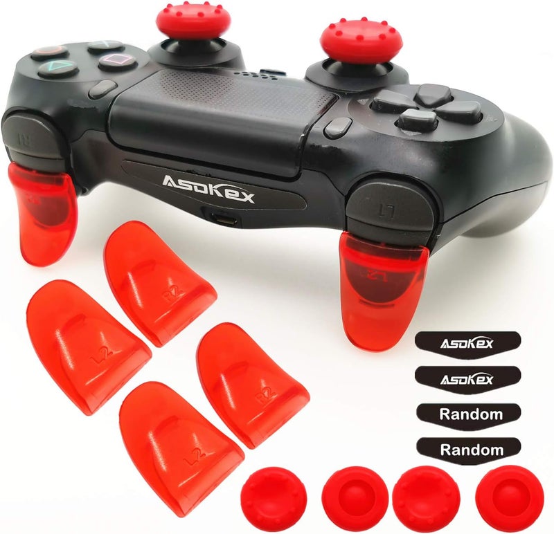 Asokex L2 R2 Ps4 Trigger Extenders (2 Pairs L2 R2 Triggers, 4pcs Joystick Cap, 2 Pairs LED Light Bar Decal) for Ps4 Controller(red) - Image 1