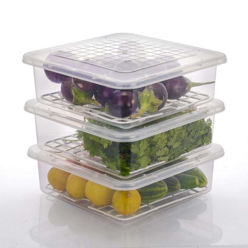 ROXA Fridge Storage Boxes Fridge Organizer with Removable Drain Plate and Lid Stackable Fridge Storage Freezer Storage Containers for Fish, Meat, Vegetables, Fruits (2500ML, Pack of 3) - Image 1
