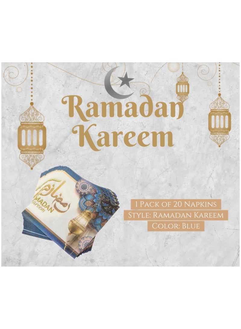 1 Pack of Ramadan Kareem Paper Napkins 20pcs, Golden Blue Festive Holy Month Tableware Disposable Tissues for Iftar Party Table Setting Decoration Event Dinner - Image 2