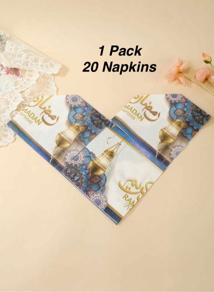 1 Pack of Ramadan Kareem Paper Napkins 20pcs, Golden Blue Festive Holy Month Tableware Disposable Tissues for Iftar Party Table Setting Decoration Event Dinner - Image 5