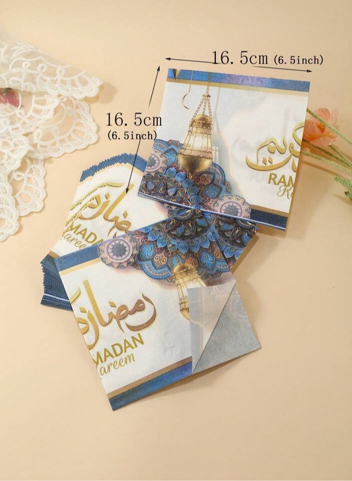 1 Pack of Ramadan Kareem Paper Napkins 20pcs, Golden Blue Festive Holy Month Tableware Disposable Tissues for Iftar Party Table Setting Decoration Event Dinner - Image 4