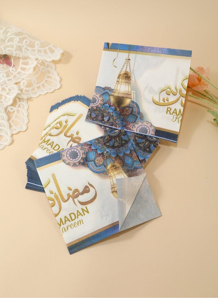 1 Pack of Ramadan Kareem Paper Napkins 20pcs, Golden Blue Festive Holy Month Tableware Disposable Tissues for Iftar Party Table Setting Decoration Event Dinner - Image 3