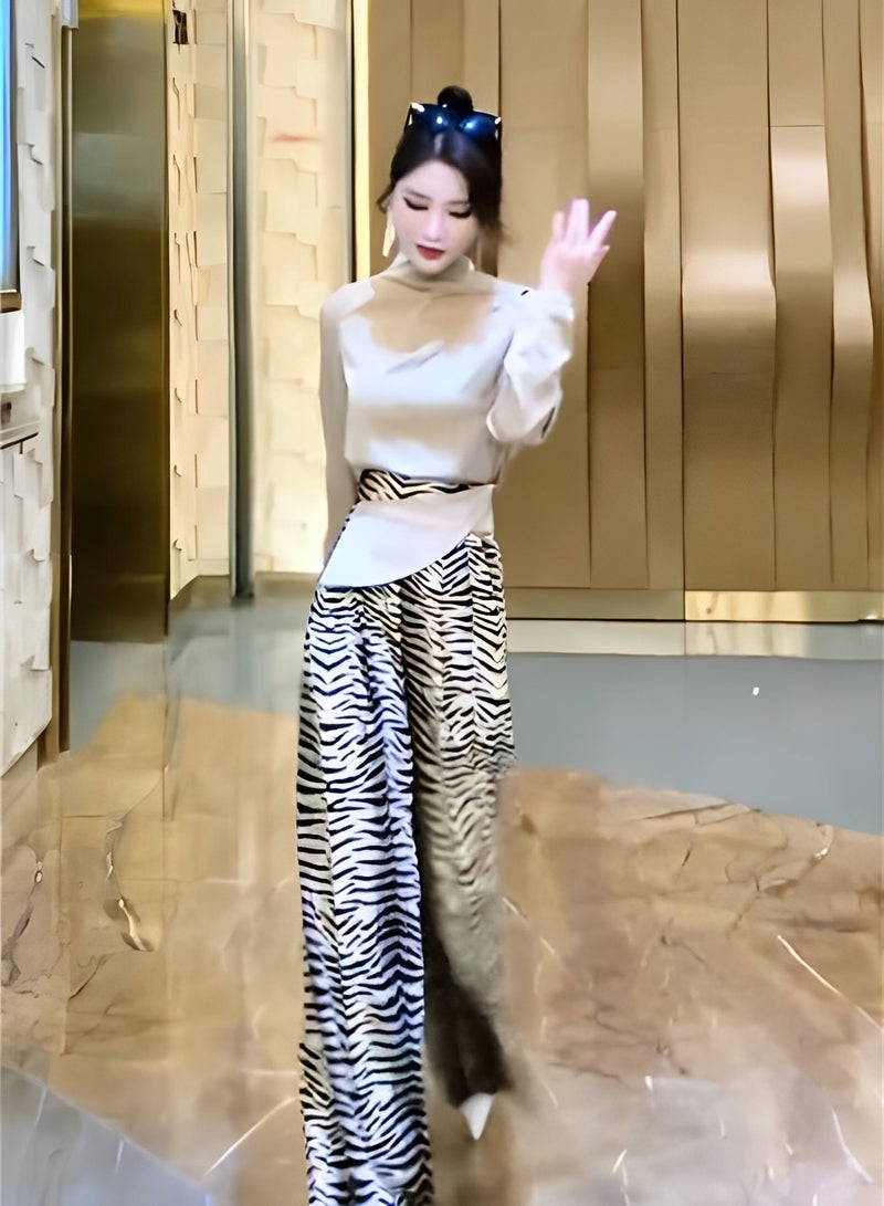 REOCLE Women's 2 Piece Outfits Long Sleeve Top High Waist Striped Wide Leg Pants Sets Lounge Sets Slouchy Matching Sets - Image 5
