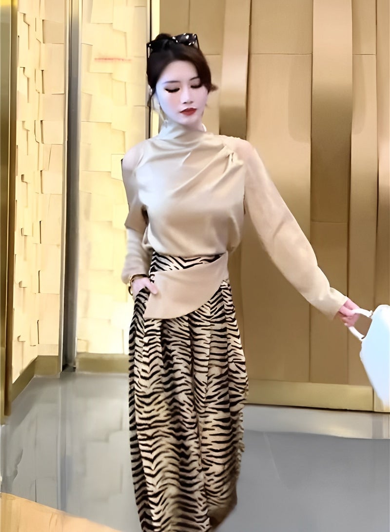 REOCLE Women's 2 Piece Outfits Long Sleeve Top High Waist Striped Wide Leg Pants Sets Lounge Sets Slouchy Matching Sets - Image 2